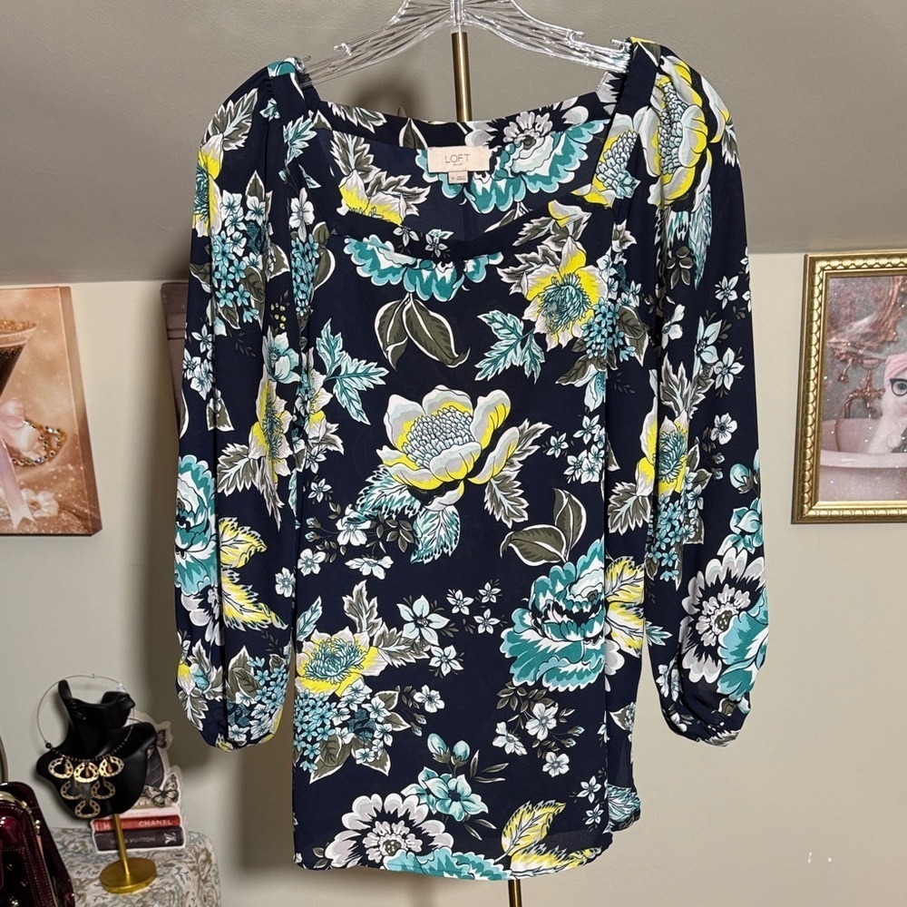 EUC LOFT Navy and Yellow Floral Blouse